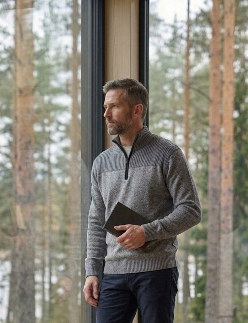 BKE Y2K Chunky Ribbed Yoke Quarter Zip Knit Gray Sweater Athletic Fit Men Large